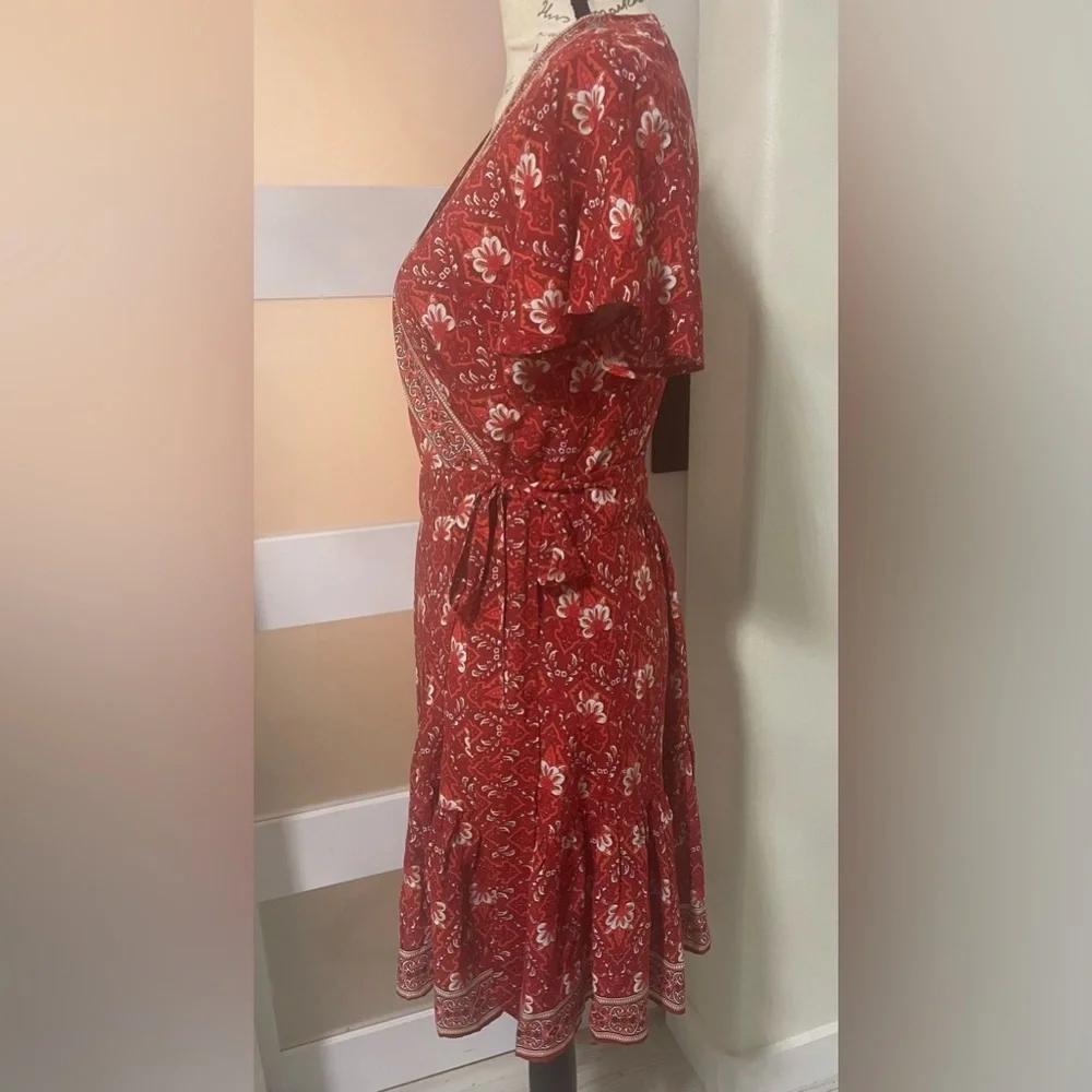 Red Floral Wrap Mini Dress - Women's V-Neck Short Sleeve - Picture 6 of 11